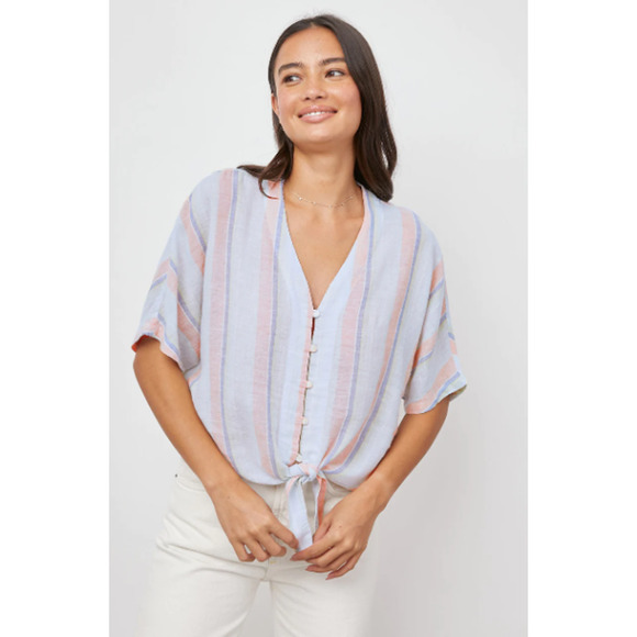 Rails Thea Top Women's Sze XS Biarritz Multi Stripe Tie Front V-Neck Linen Blend - Picture 1 of 12